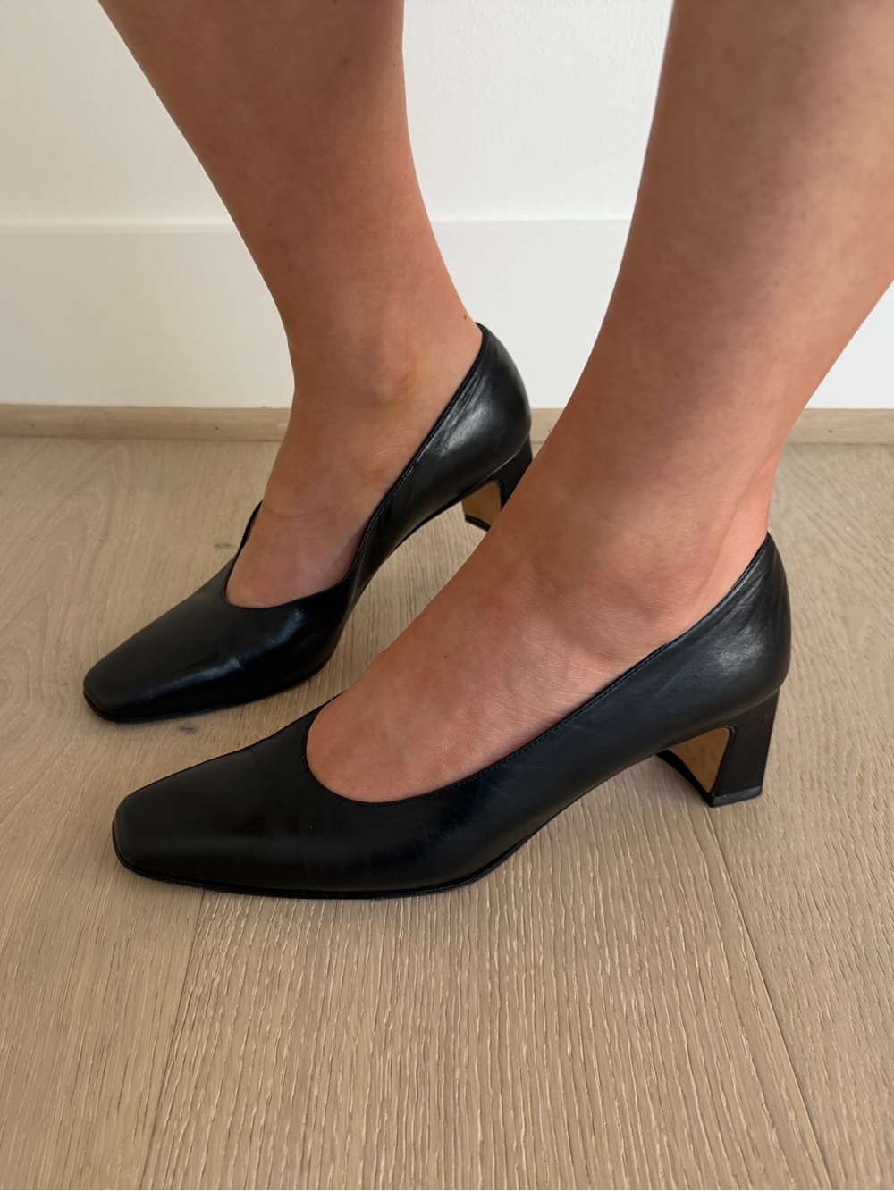 Amalfi Black Leather Square-Toe Mid Heels